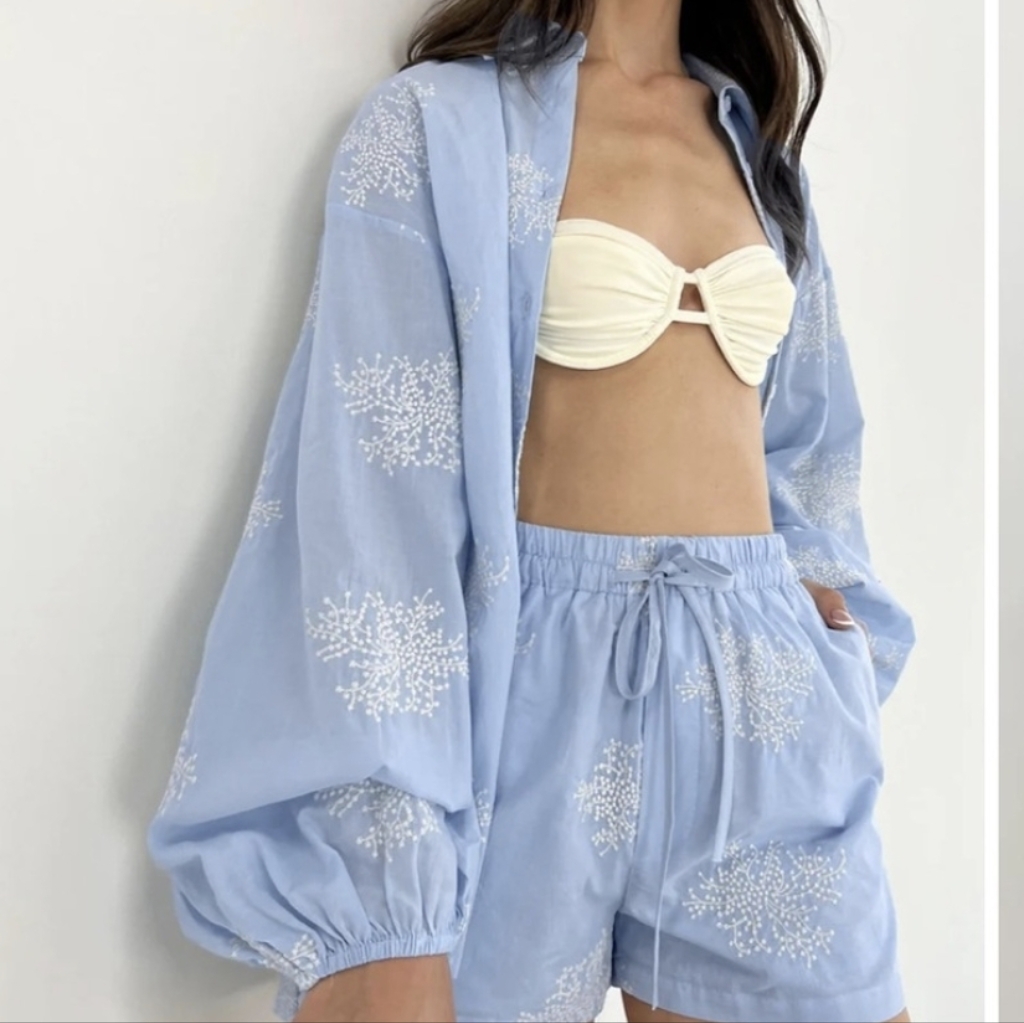 Commense Light Blue Embroidered Shorts Set With Cream Bikini Top